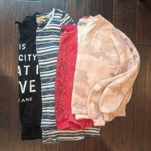 Women's Crewneck Sweaters Bundle Lot Of 4: Black, Blue Stripe, Red, Pink Camo